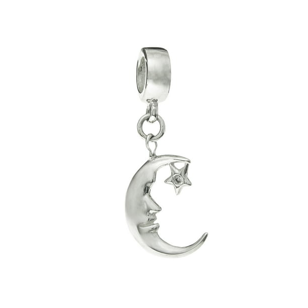Plain Silver Tone Star Crescent Moon Dangle Charm Slider Bead fits Euro Bracelet 